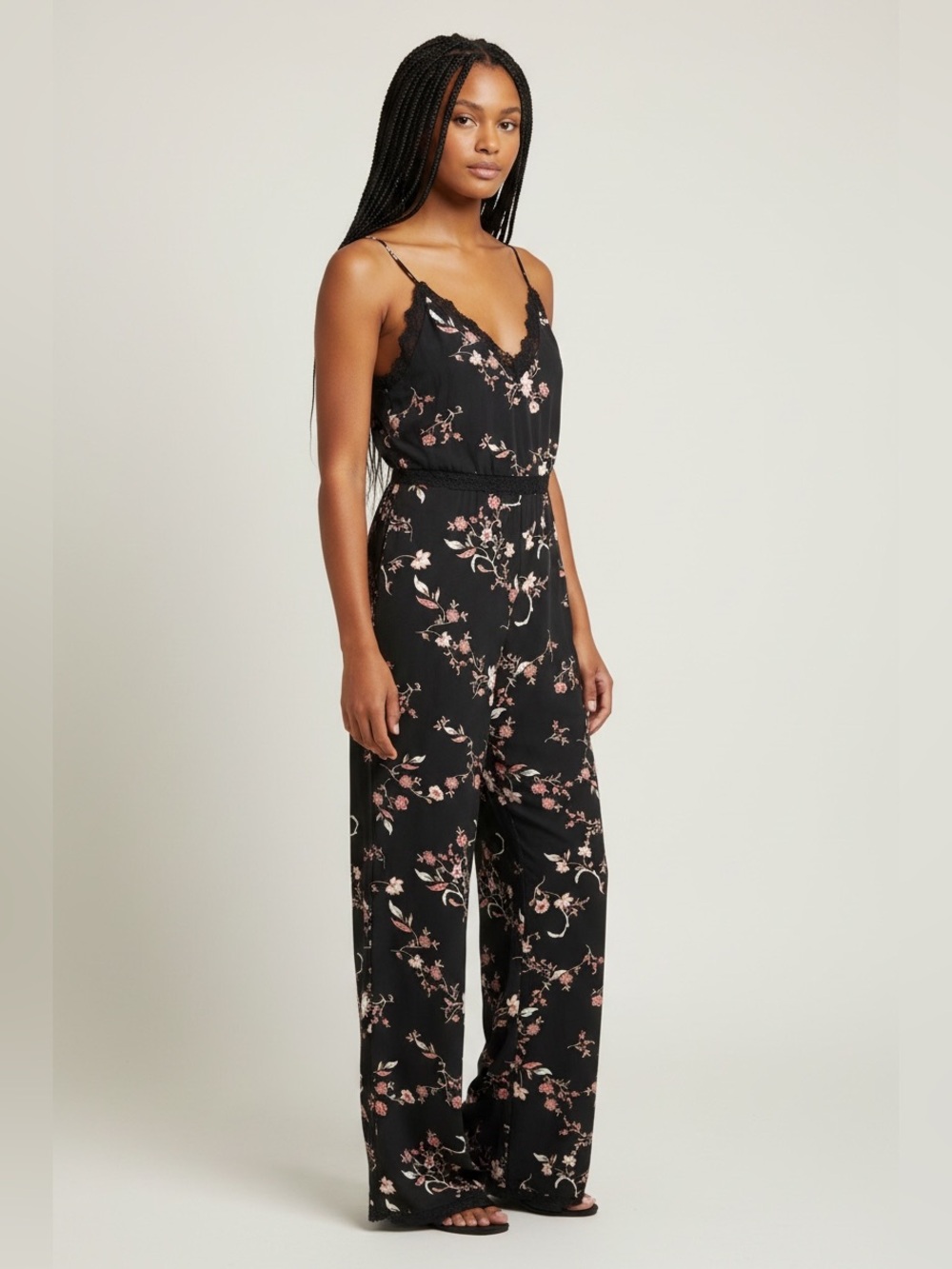 cupcakes & cashmere Black Floral Lace-Trim Wide-Leg Jumpsuit